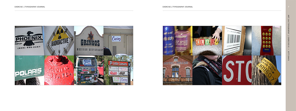 Two pages in landscape format. Both pages contain eight images. The images show traffic signs, public fixtures, and business marquees, each using a different font.