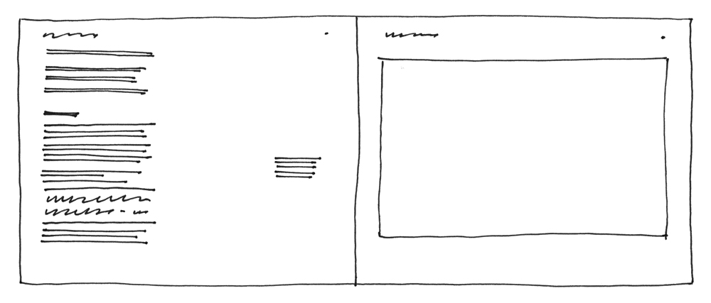 Two pages in landscape format. The first page contains a large block of text on the left third of the page, and a small paragraph on the right third, with the middle third empty. The second page contains one large image. There are headings and page numbers on both pages.