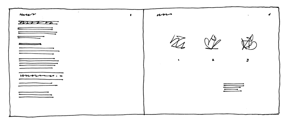 Two pages in landscape format. Both pages have headings and page numbers. The first page contains a block of text on the left third of the page. The right two thirds are empty. The second page contains three sketches with numbers under each sketch. There is a small caption paragraph below the three images and to the right.
