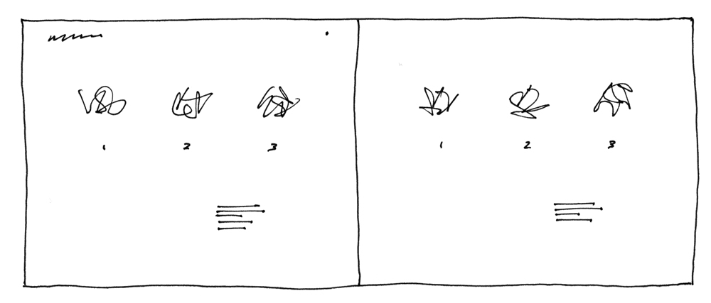Two pages in landscape format. Both pages have headings and page numbers. Both pages contain three sketches each with numbers under each sketch. There is a small caption paragraph below the three images and to the right.