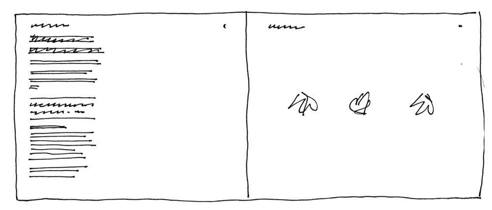Two pages in landscape format. Both pages have headings and page numbers. The first page contains a block of text on the left third of the page. The right two-thirds are empty. The second page contains three sketches that cover the middle horizontal third of the page.
