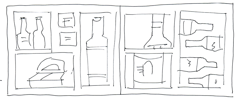 Two pages in landscape format. Between the two pages, there are 8 images, showing different details of the bottles, labels and carton. There are no captions.
