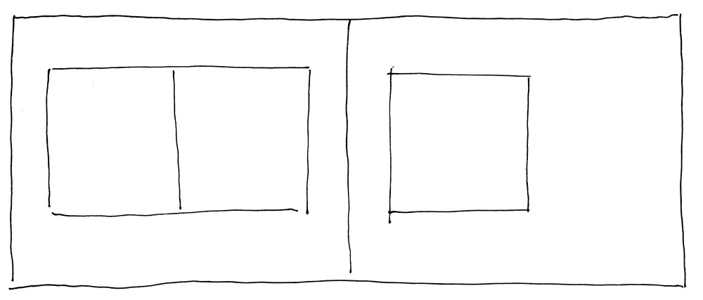 Two pages in landscape format. The first pages contains an image of two square pages side-by-side. The second page contains an image of a single, square page.