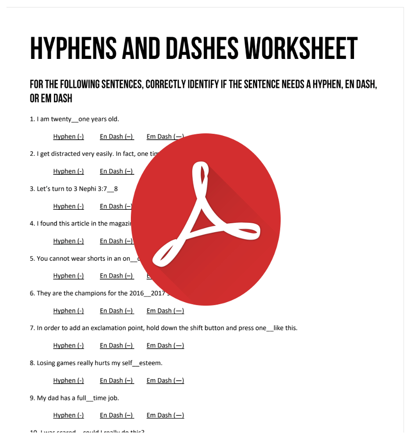 Hyphens and Dashes Worksheet