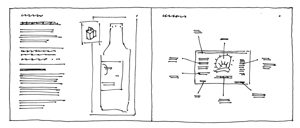 Two pages in landscape format. Both have headings and page numbers. The first page contains a block of text on the left third of the page, and an image of a bottle on the right two-thirds of the page. The second page contains an image of a label. There are small description captions surrounding the label with lines connecting the captions to the parts of the label they describe.