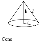 the image shows a cone with the height radius and slant height labelled